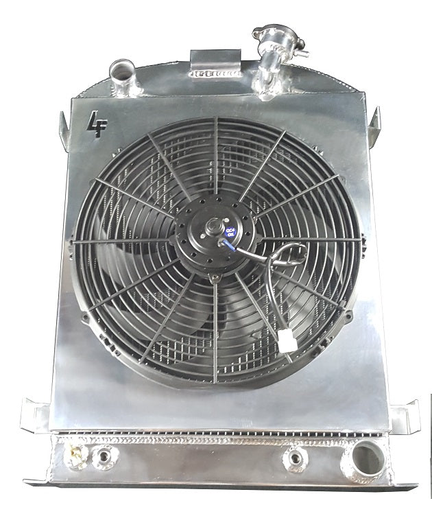 1932 Ford 3-Row Radiator, Shroud, Fan Combo - Passenger Outlet