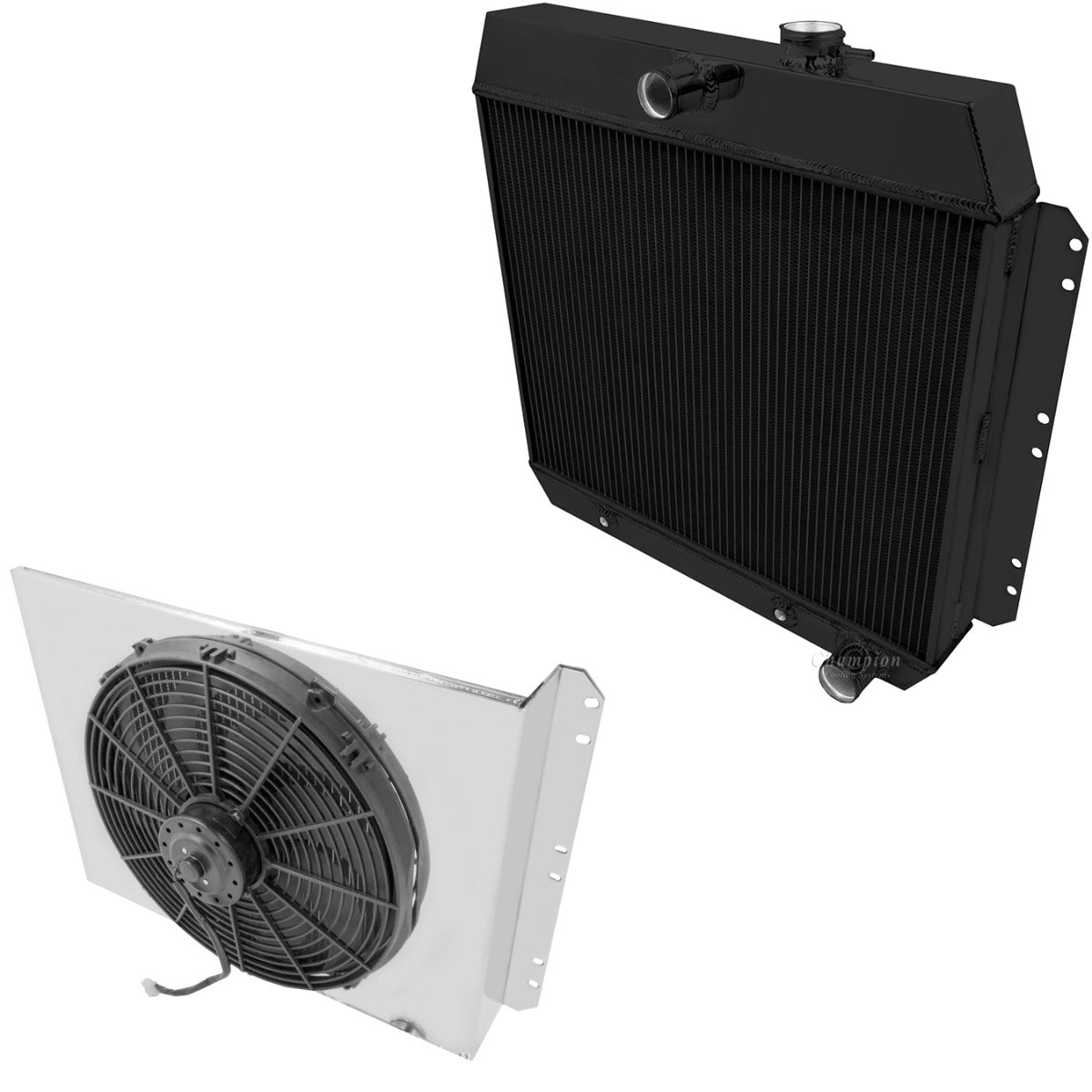 1949-1952 Chevy Deluxe 3-Row Black Radiator, Shroud, Fan Combo