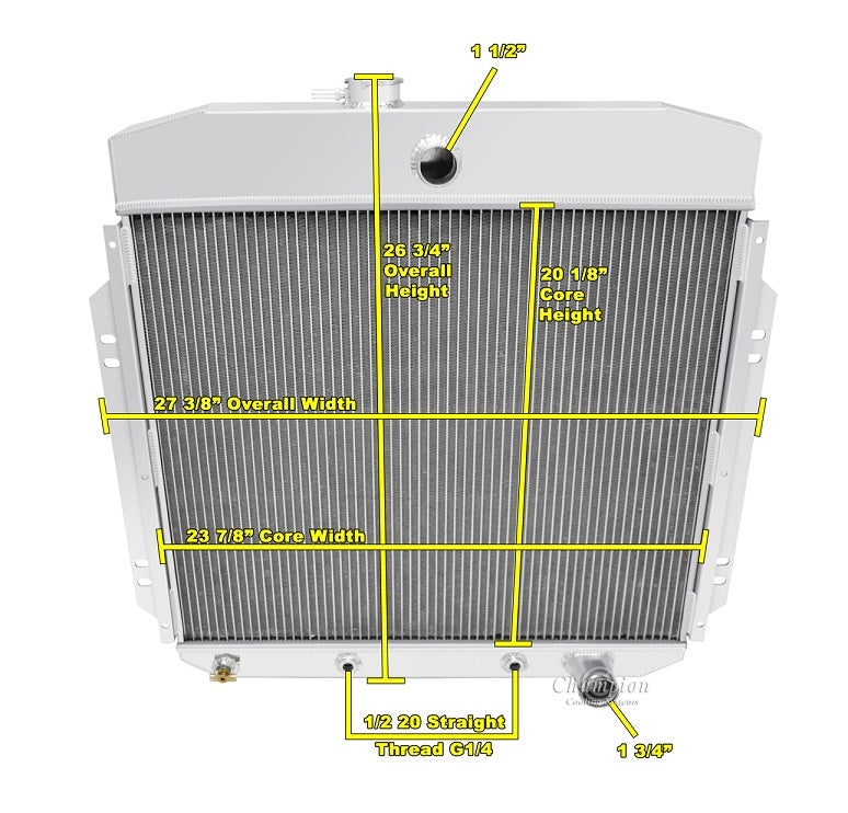1957-1960 Ford Truck, F100 3-Row Radiator - Fits Chevy V8's / Ford 6 cyl