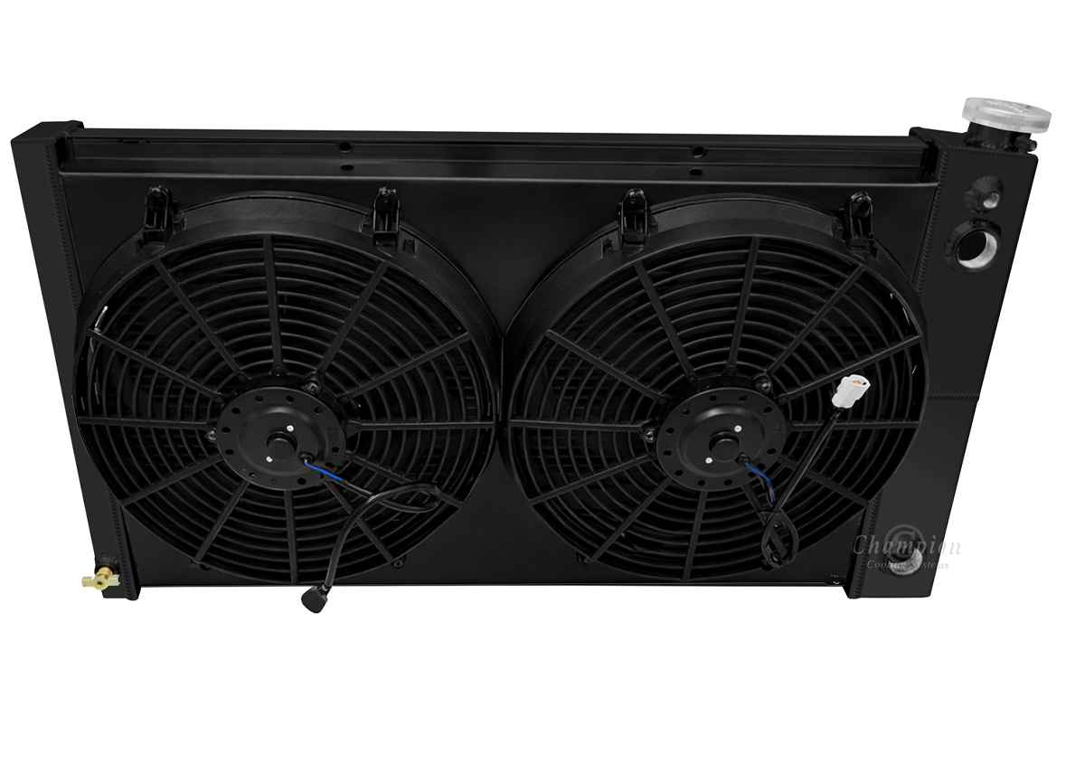 1967-1972 Chevy C10 Truck LS Swap 3-Row Black Radiator, Shroud, Dual Fan Combo